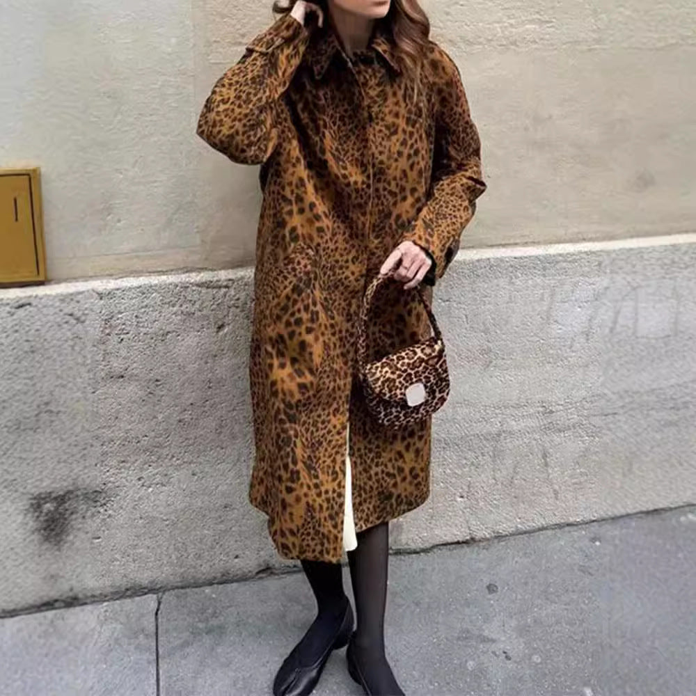 Trench Lang Dierenprint met Eenvoudige Knopen