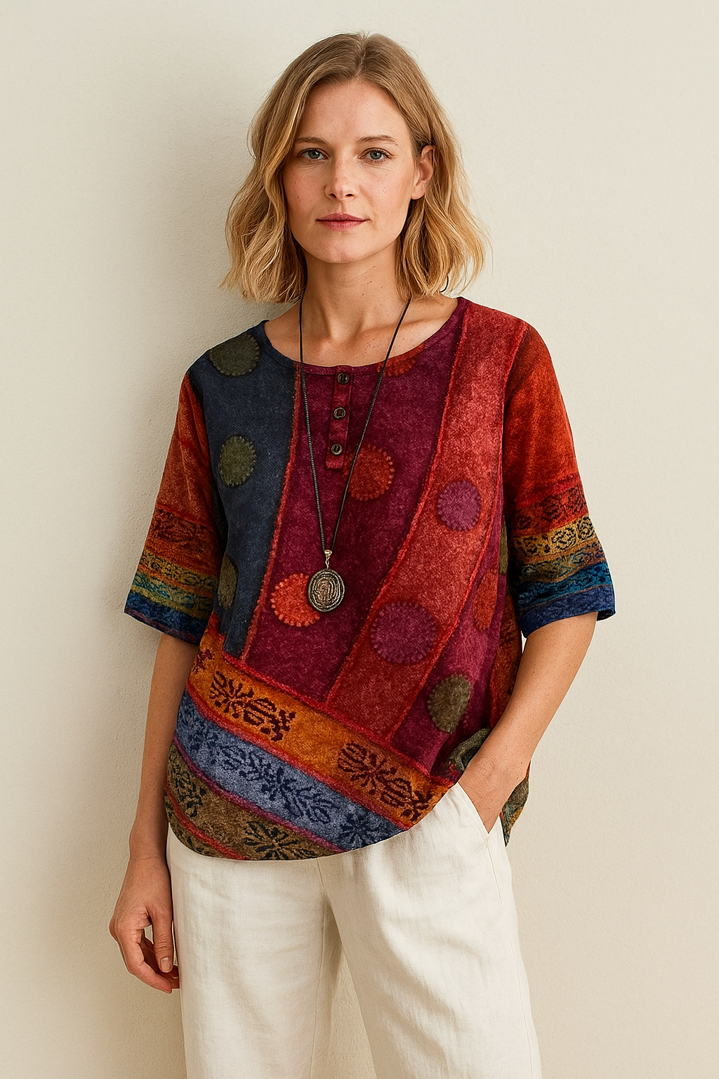 Maaike – Comfortabele dames top met zachte stof en artistieke print