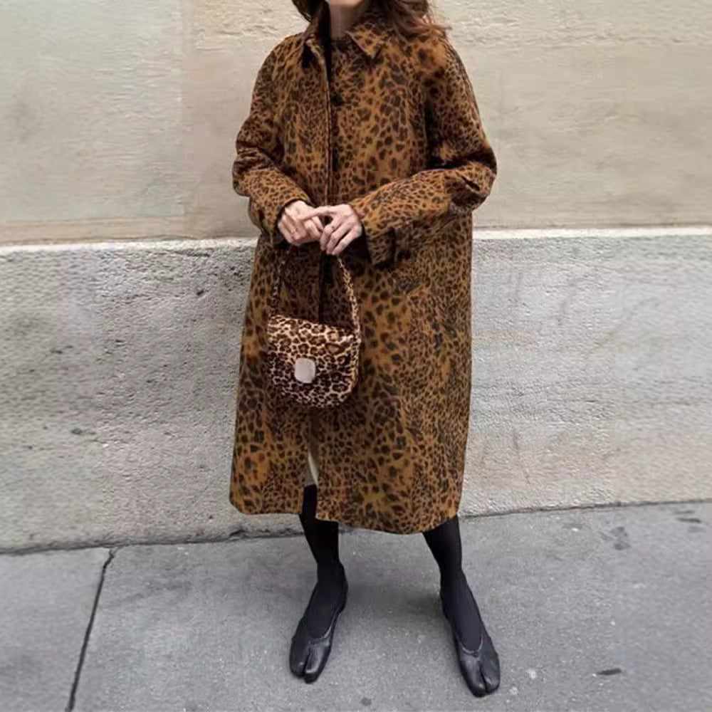 Trench Lang Dierenprint met Eenvoudige Knopen